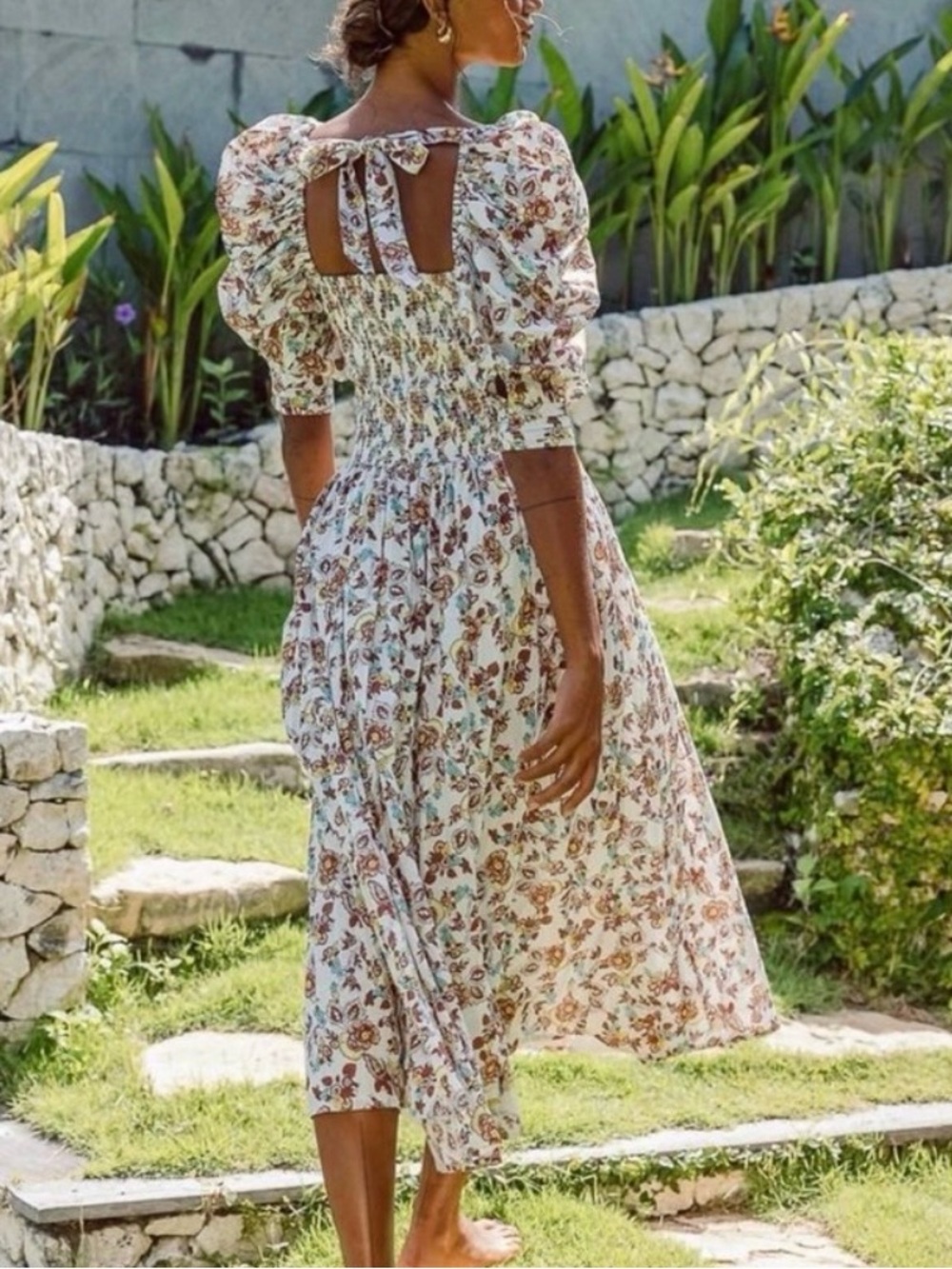 Cleobella White Floral Puff-Sleeve Midi Dress